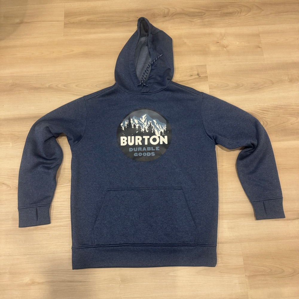 Men’s Small Burton Hoodie blue durable goods with Mountain emblem on front
